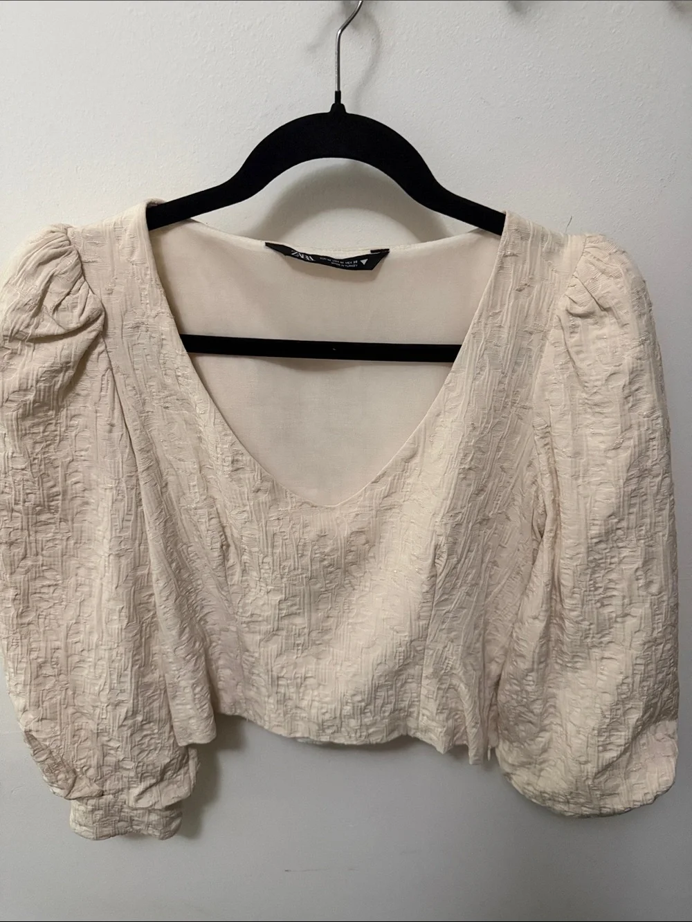 Zara Cream Puff-Sleeve V-Neck Blouse